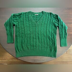 Green Cable-Knit Deep V-Neck Sweater